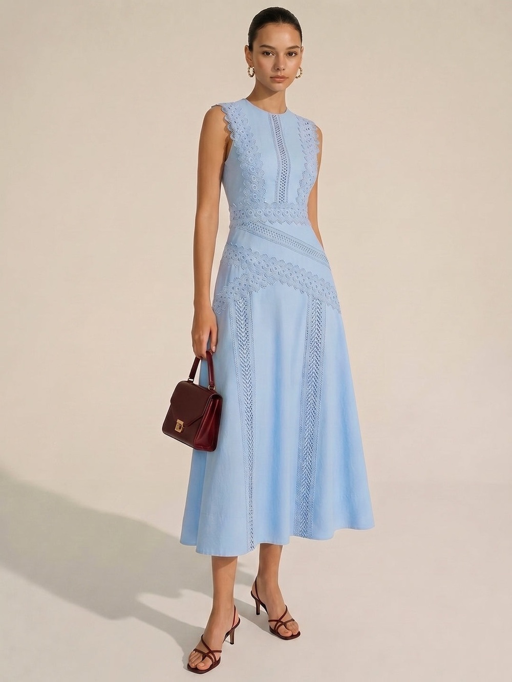 Sleeveless Light Blue Lace-Trim Midi Dress Small NWT COTTON